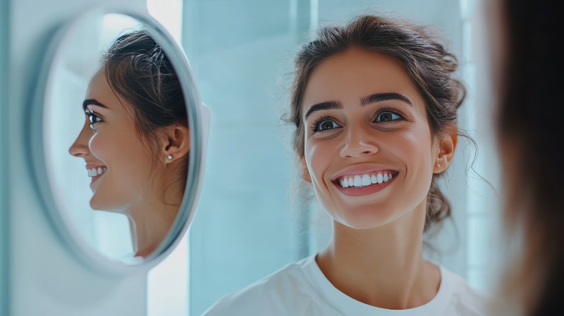 In a modern bathroom, a young woman beams at her reflection in the mirror, enjoying a moment of happiness and confidence during her morning routine.